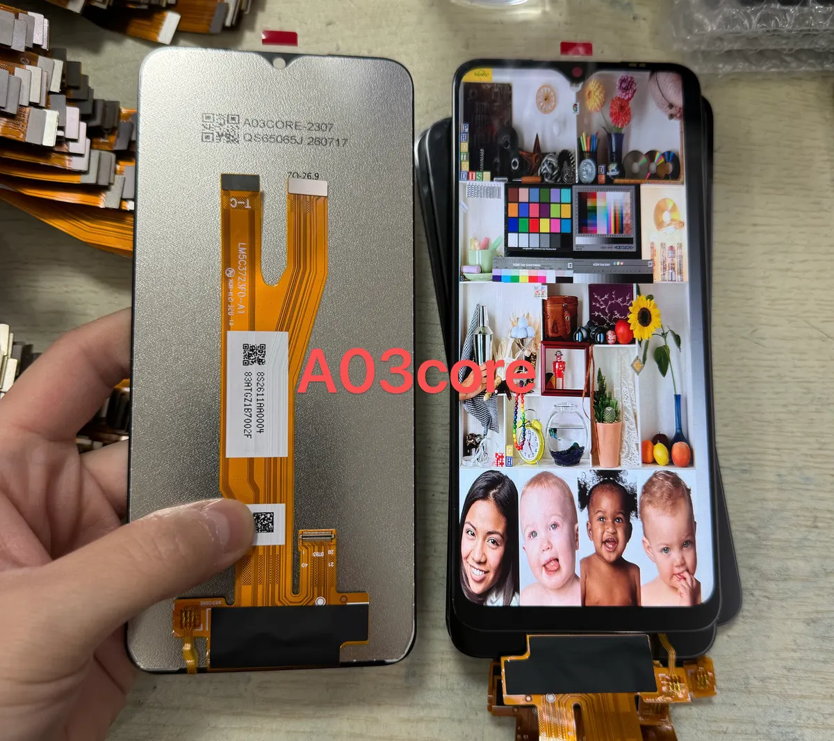 Samsung A03 Core screen sample, front and back