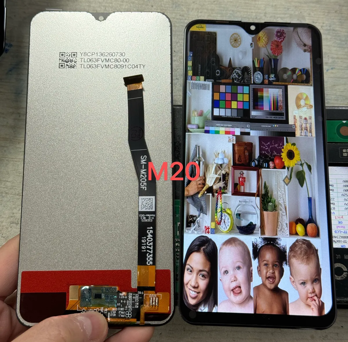 Samsung M20 screen sample, front and back